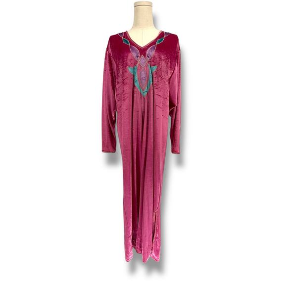 Vintage 1980s Oscar de la Renta Pink Velvet Embroidered Kaftan Maxi Dress AS IS - Picture 1 of 8